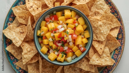 Fresh Mango Salsa Served With Tortilla Chips on a Colorful Plate With a White...