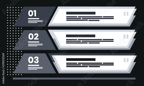Konstfotografi Numbered Steps Graphic: A sleek, dark graphic displays three distinct numbered steps, each with placeholder text, ideal for presenting information in a clear, organized manner