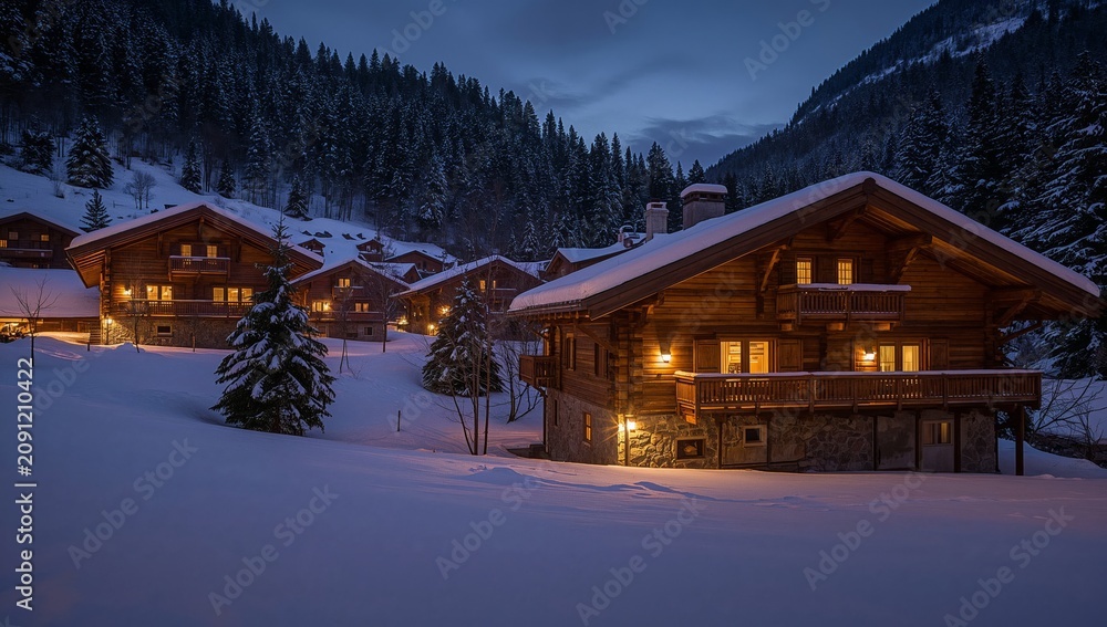 Naklejka premium Winter Evening in a Mountain Village With Wooden Houses and Snow
