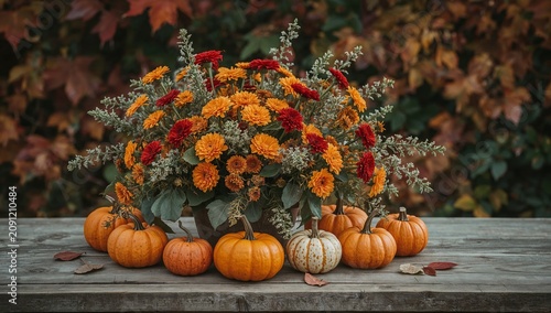 Enjoying Autumn With Flowers and Pumpkins on a Wooden Table Surrounded by Col...