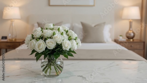 White Roses on a Table in Front of a Bed in a Hotel Room During the Day