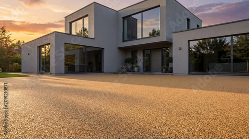 Modern luxury home exterior with resin bound gravel driveway at sunset.