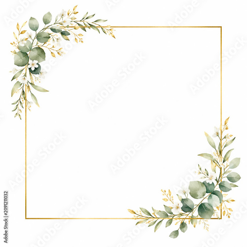 Luxury Botanical Gold Rectangular Frame with Watercolor Eucalyptus on White Background