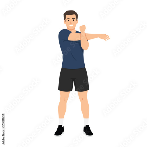 Man Performing Standing Cross Body Shoulder Stretch. Flat vector illustration isolated on white background