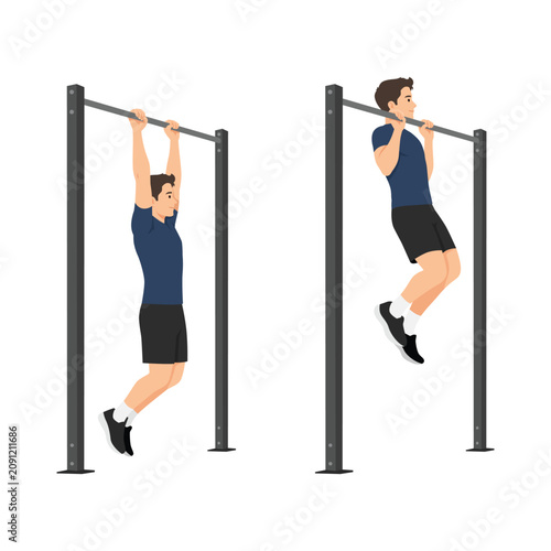 Man Performing Pull Up Exercise on Horizontal Bar. Flat vector illustration isolated on white background