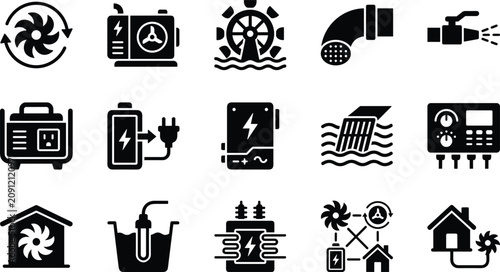 Set of energy and home utility icons with various symbols