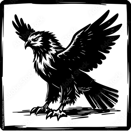 Eagle with Banner Vector Illustration, Flying Bald Eagle Silhouette with Wings Spread, Wildlife Bird Mascot Design in Black Cartoon Style for Tattoo and Nature Graphics