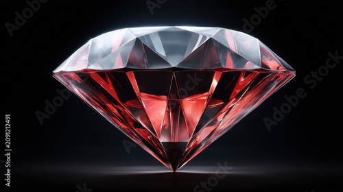 A dramatically lit, exquisitely cut ruby diamond sparkles with crimson brilliance against a sleek black backdrop, radiating luxury and sophisticated beauty for all.