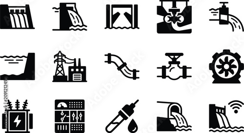 Set of sixteen black and white energy and water utility icons
