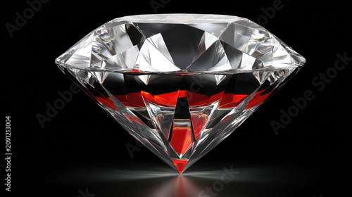 The exquisitely faceted diamond reflects light, casting subtle hues and sparkling reflections against the dark backdrop, showcasing its luxurious brilliance and value.