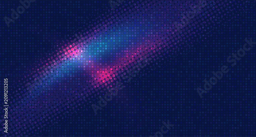 Dark technology background with glowing halftone wave, pixel tile pattern, neon gradient and abstract digital texture