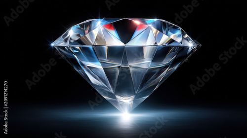 A dazzling sparkling brilliant cut diamond exhibits intense reflections and refractions against a stark black background, radiating light from its base beautifully.