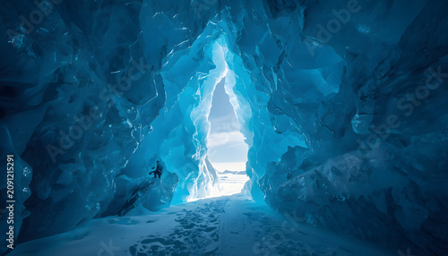 Brilliant Blue Ice Cave with a Natural Archway and Glowing Interior