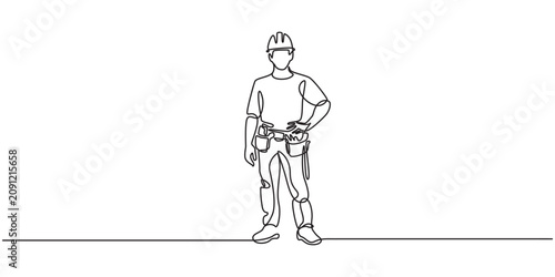 Single continuous line drawing of young construction worker, Engineers man in hard hat, worker with protective headphones on white background continuous one line drawing. full body