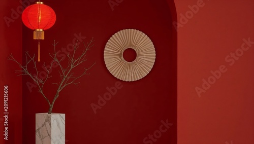 Decorative Arrangement With Red Wall, Lantern, and Circular Wall Art in Indoo...