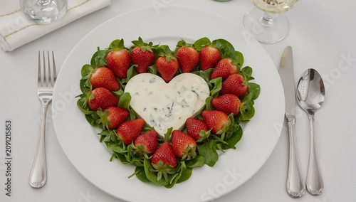 Fruit Salad Arranged in Heart Shape With Dressing on Plate at Dinner Table in...