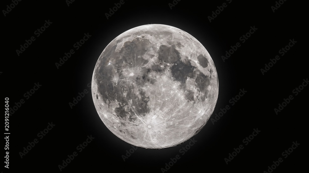 Naklejka premium A close-up view of the full moon glowing brightly in the dark night sky with craters and texture visible