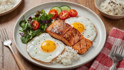 Salmon, Eggs, Rice, and Salad Served on a White Plate on a Wooden Table