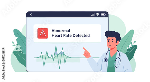 Bild auf Leinwand Doctor pointing at a digital screen showing an abnormal heart rate alert notification
