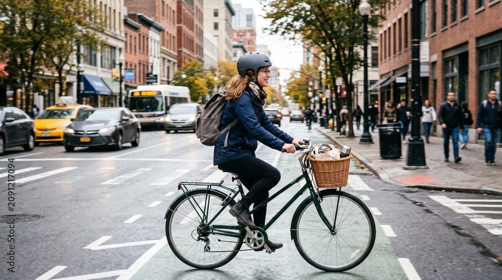 Fototapeta premium Woman cycling on city street with traffic and pedestrians in the background