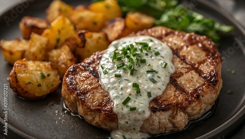 Grilled Steak With Sauce and Roasted Potatoes Served on a Plate