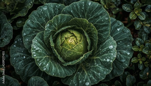 Cabbage Grows in a Garden After Rain on a Cloudy Day in a Rural Area