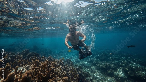 Man Swims Underwater Near Coral Reef in Clear Ocean Water During Daytime