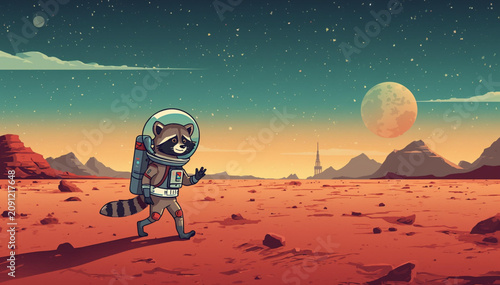 Photography illustration retro raccoon astronaut walking in mars