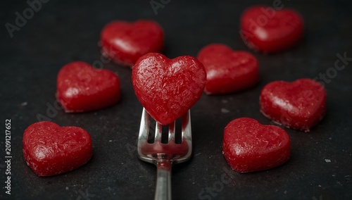 Red Heart Shaped Candies on a Fork Among Other Candies on a Dark Surface
