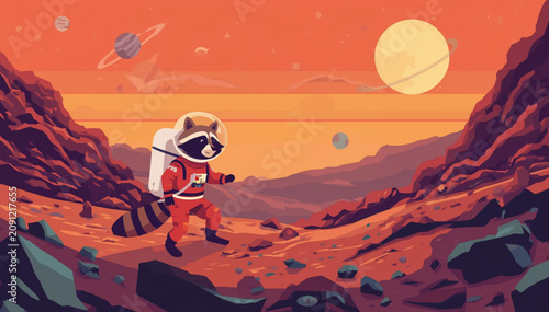 Canvas Print illustration retro raccoon astronaut walking in mars