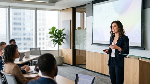 Confident businesswoman presenting to diverse audience in modern conference room with projector screen