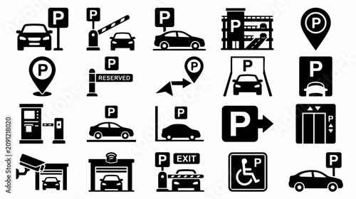 Smart Car Parking and Traffic Navigation Signage Solid Glyph Icons