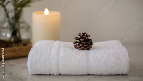 Relaxation Setup With Towels, Candle, Pine Cone, and Greenery on Table