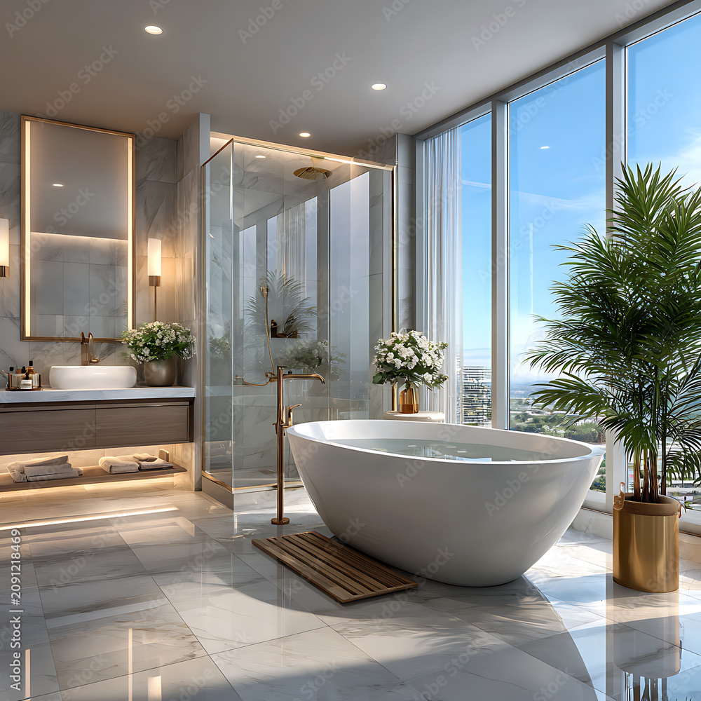Fototapeta premium Freestanding bathtub in bright bathroom with large windows