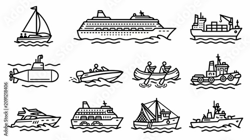 Maritime and Water Transport Marine Vessels Line Icons Collection