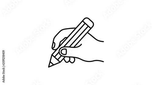 Simple line art illustration of a hand holding a pencil for writing or drawing.