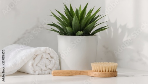 Clean Space With Towel, Plant, and Brush on a Countertop in a Bright Room