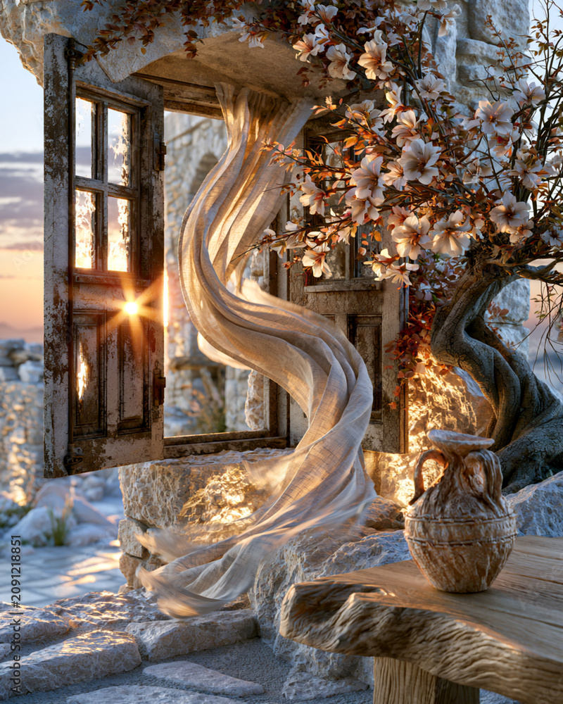 Obraz premium Luxury Mediterranean stone house with flowing linen curtains and golden sunrise light