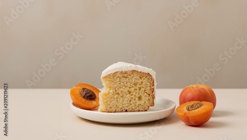 Delicious Cake With Frosting and Fresh Apricots on a Plate in a Simple Setting