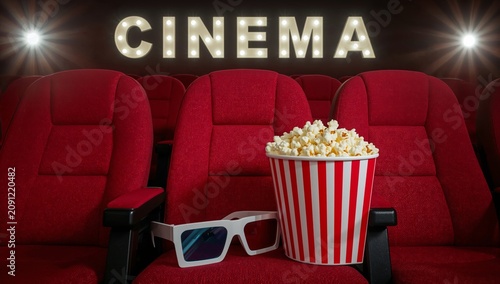 Three-dimensional Glasses and Popcorn Sit in Empty Cinema Seating With a Cine...