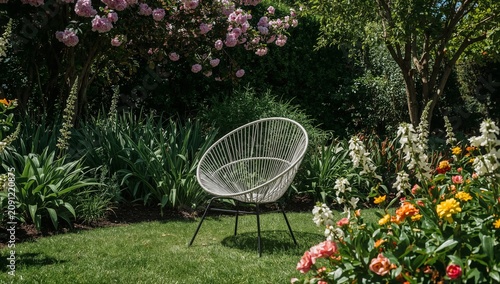Garden Chair Placed Among Blooming Roses in Sunny Weather