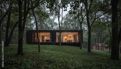 Modern House Stands Amid Trees on a Misty Day With Light Shining From Windows