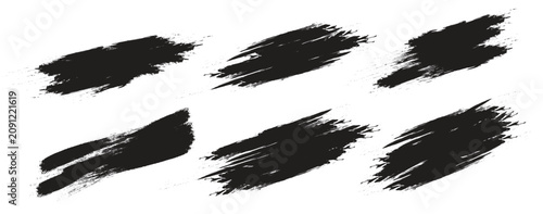 Ink brushstroke and paintbrush template with splashes grunge. Vector set black ink brush stroke. Dirty artistic design elements. Grunge splatter, dirt stain, brush with drops blots. Vector ink box 
