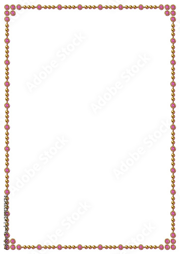 Vertical jewelry rectangular frame made of filigree golden metal chain with pink gems. Luxury design element on transparent background. A4 paper size.