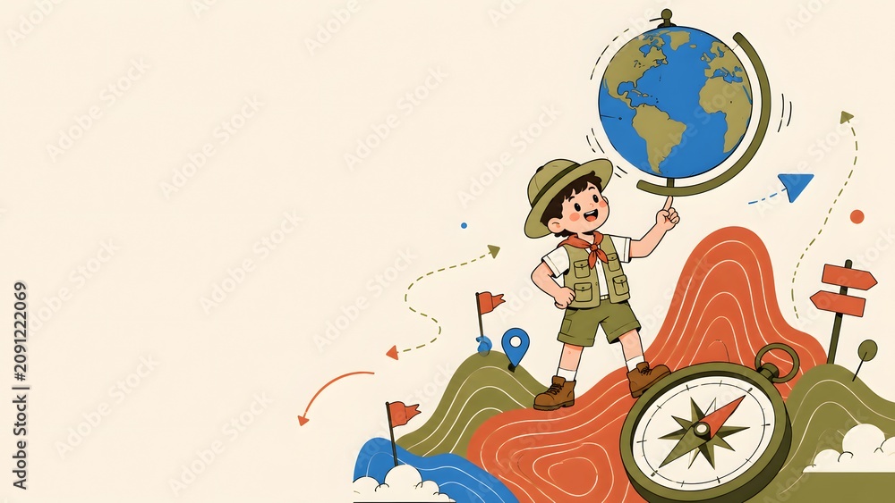Naklejka premium Cute Boy Scout Explorer Standing on Hill Holding Spinning Globe with Compass for Outdoor Adventure