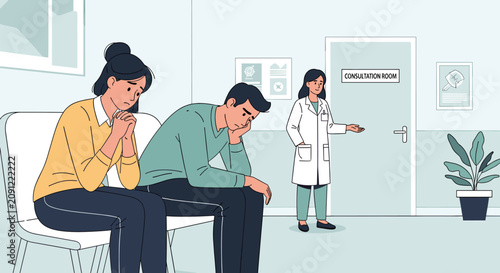 Schilderij op canvas Worried couple waiting in a hospital corridor for a medical consultation with a doctor