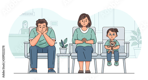 Foto A family sitting in a hospital waiting room looking worried and anxious