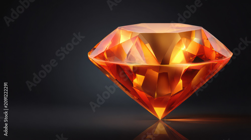 A stunning close up view reveals the intricate facets of a radiant orange gemstone diamond, glowing against a dark background, reflecting light with brilliance and depth.