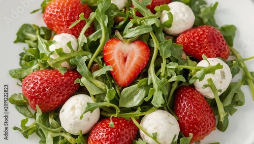 Fresh Salad With Strawberries and Mozzarella Served on a White Plate on a Woo...