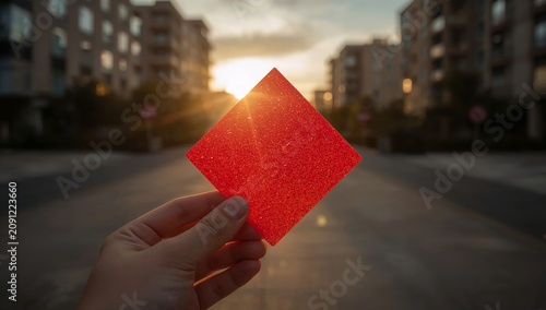 Hand Holding a Red Glitter Square During Sunset in an Urban Area With Buildings